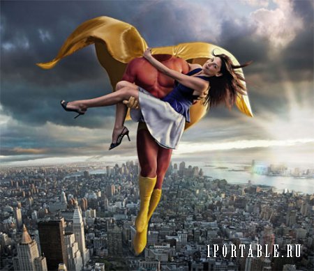  Шаблон для фотошопа - Супермен над городом с девушкой 