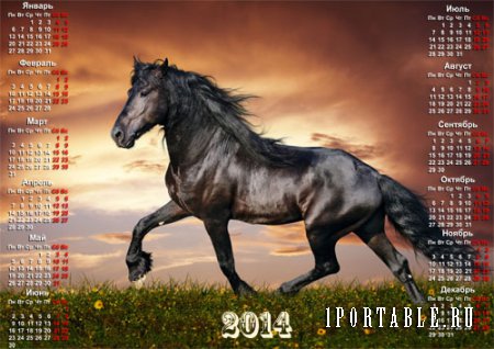  Красивый календарь - Бегущий черный конь на закате 