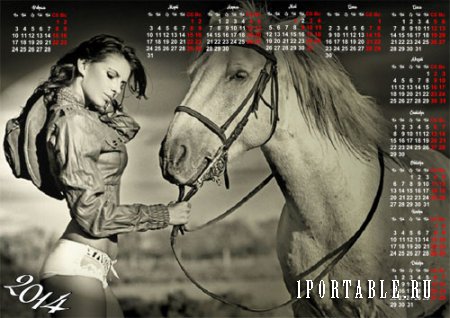  Календарь - Бело-черный постер девушка и лошадь 