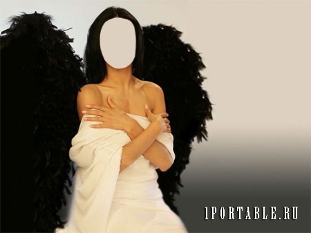  Шаблон psd женский - Девушка ангел в белом платье и темными крыльями 