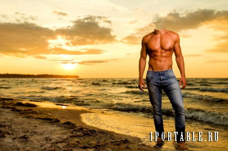 Шаблон для фотошоп - Мускулистый парень на красивом закате 