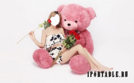  Шаблон psd женский - С розой на розовом медведе 