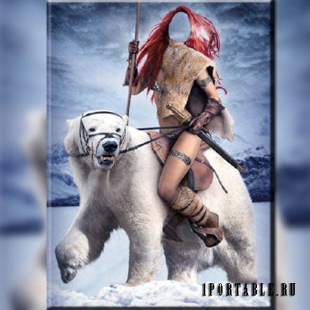  Шаблон psd женский - Девушка с оружием на полярном медведе 