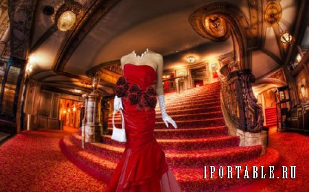  Photoshop шаблон - В театре на лестнице в нарядном платье 