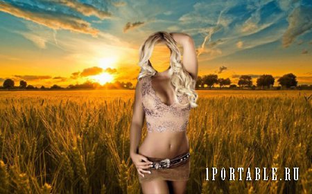  Photoshop шаблон - Стройная девушка в поле пшеницы 