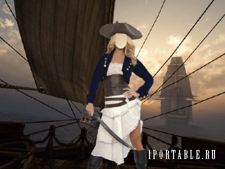  Шаблон для фотошопа - Костюм пиратки на палубе корабля 
