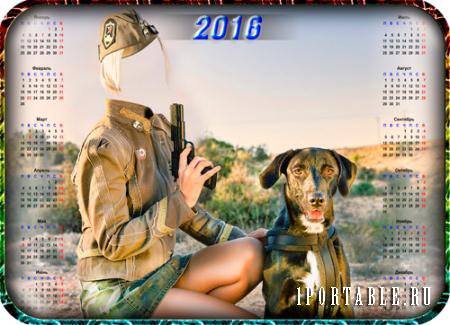 Фотошаблон для фото - Девушка с пистолетом и собакой