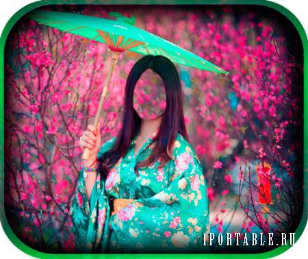 Psd шаблон - Азиатская девушка в кимано с зонтиком