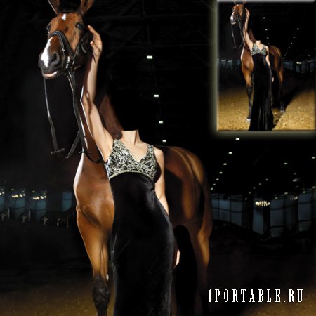  Шаблон для фото - В черном вечернем наряде рядом с лошадью 